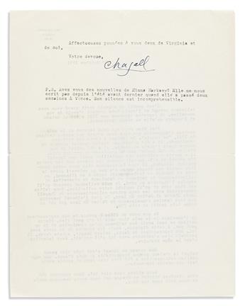 CHAGALL, MARC. Typed Letter Signed, Chagall, to collector Adolphe A. Juviler (Dear friend), in French,